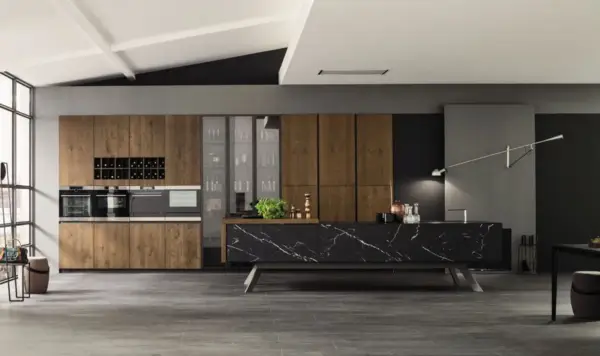 cucina-luxury-nera-legno-isola-marmo